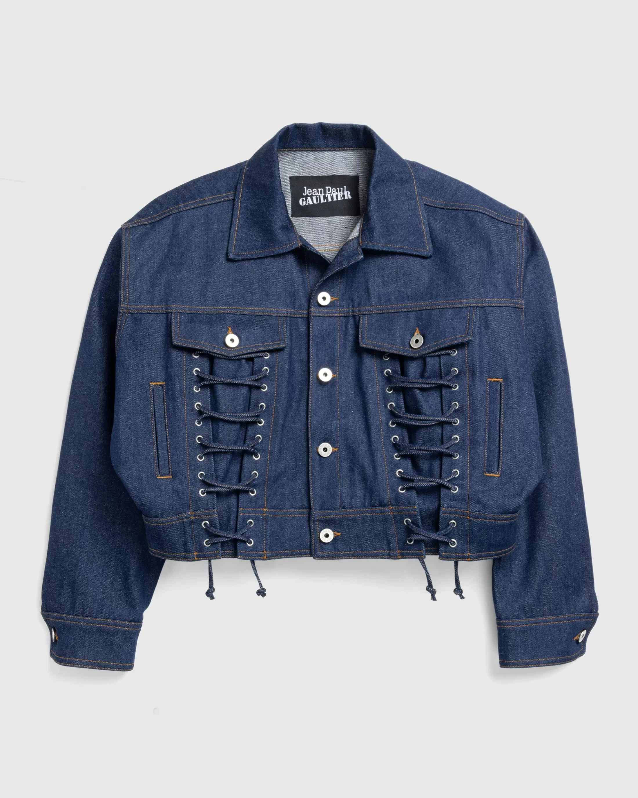 Shop Jean Paul Gaultier Denim Jacket With Lace Detail indigo