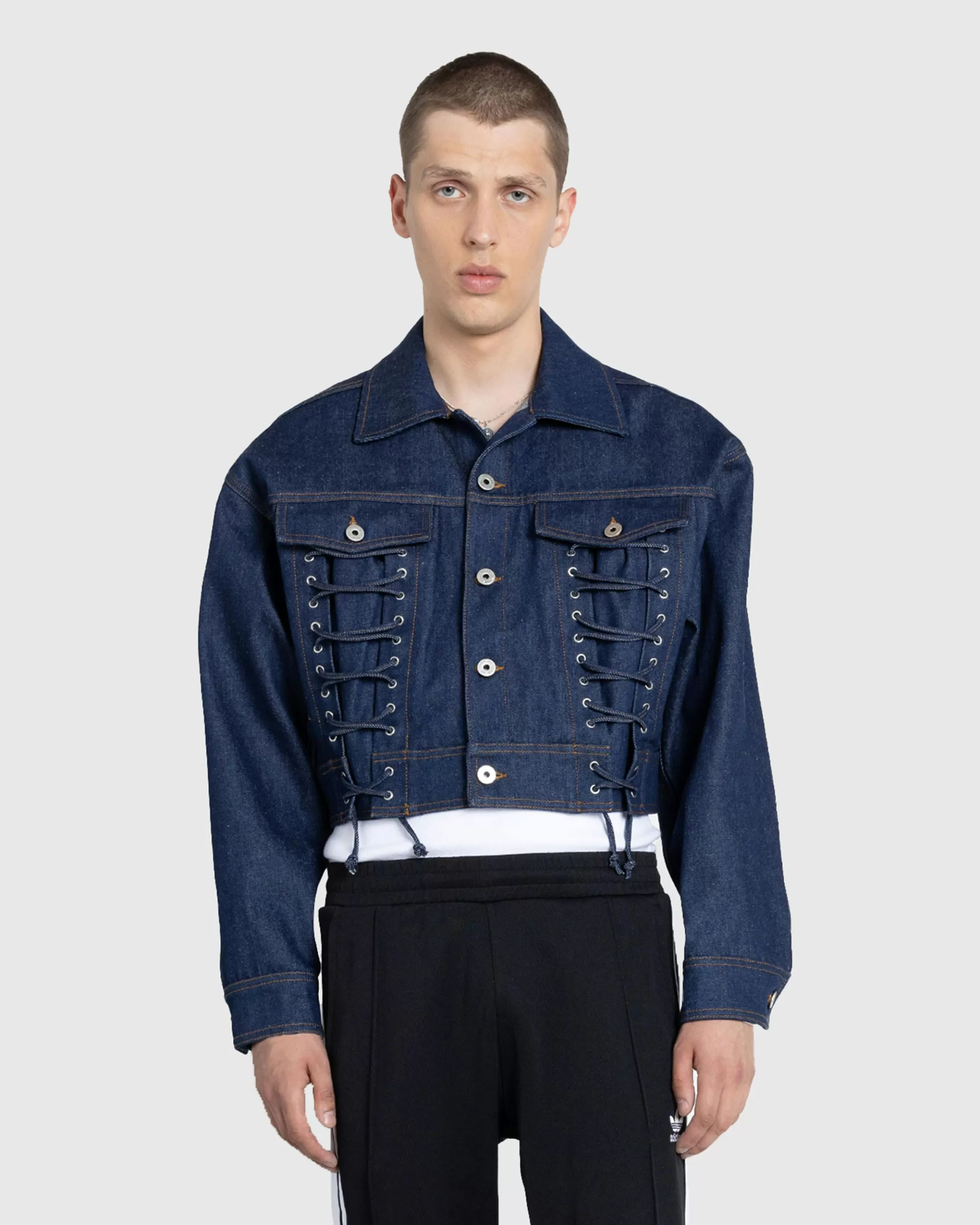 Shop Jean Paul Gaultier Denim Jacket With Lace Detail indigo