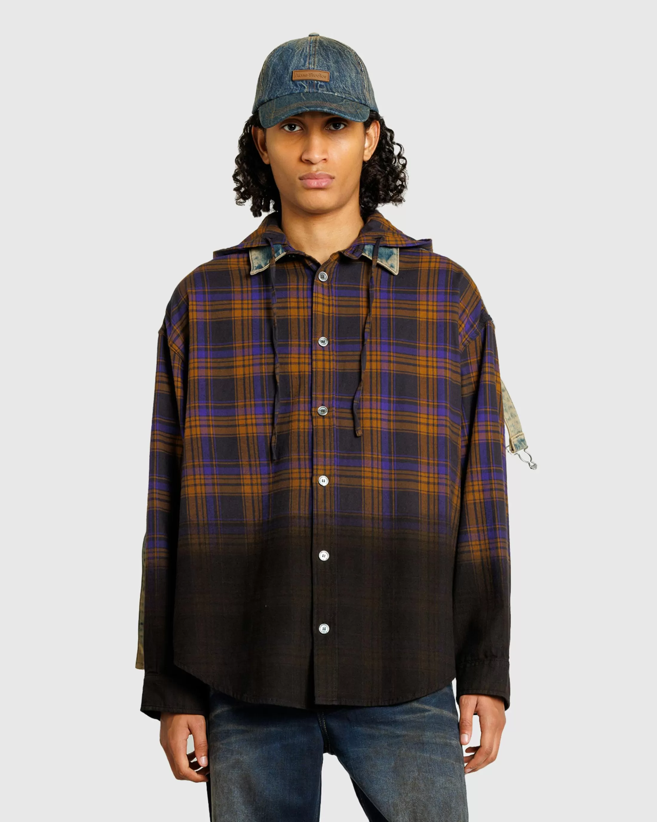 Discount Acne Studios Hooded Button-Up Shirt purple/brown