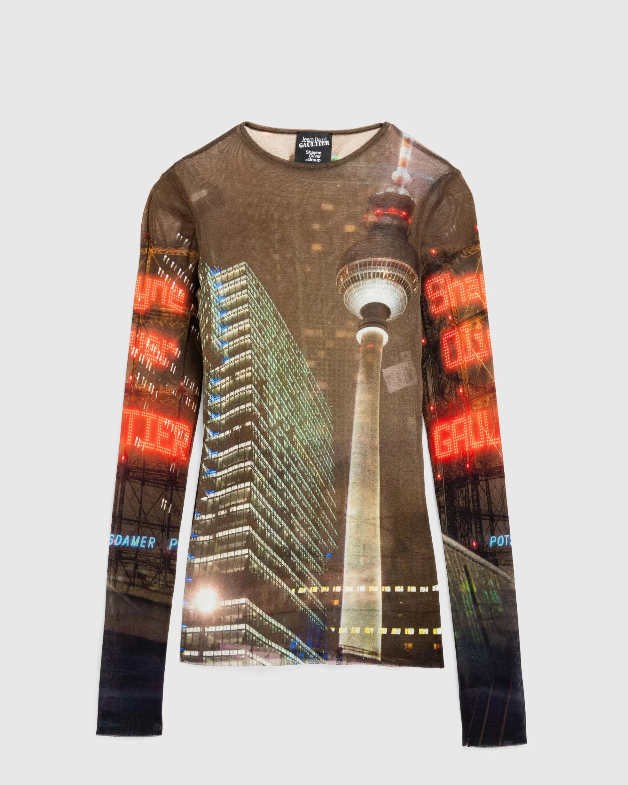 Cheap Jean Paul Gaultier Mesh Long-Sleeve Top Printed "City" brown/green/blue/red