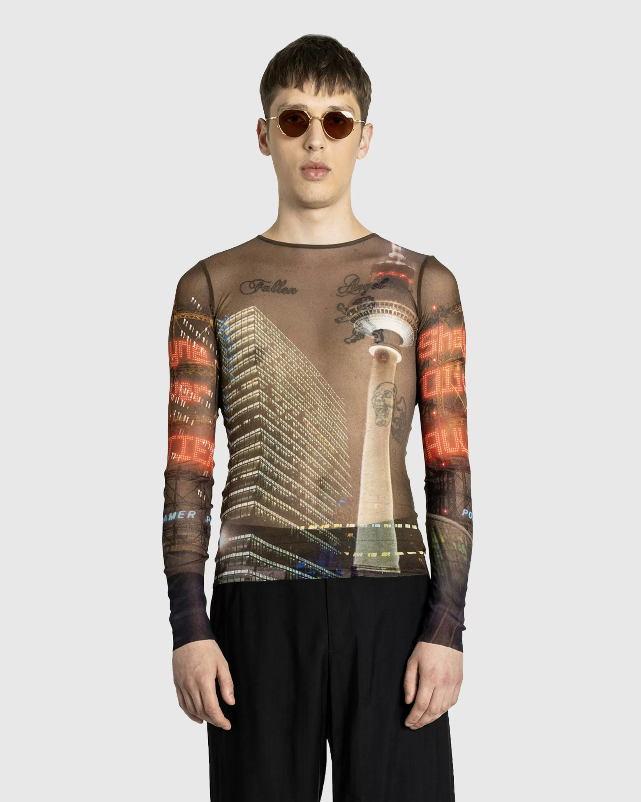 Cheap Jean Paul Gaultier Mesh Long-Sleeve Top Printed "City" brown/green/blue/red