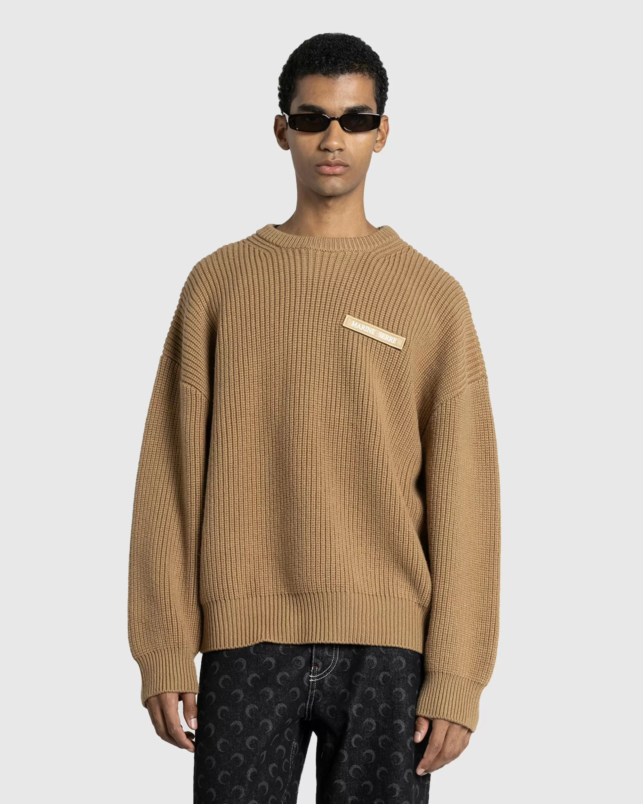 Shop Marine Serre MS Half Cardigan Knit Crewneck Sweater camel